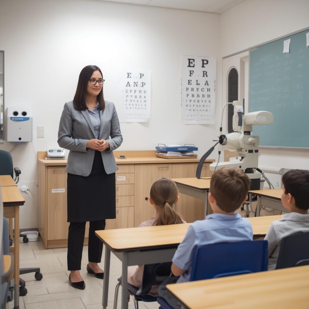 female optometrist speaking to children at school eye test setting