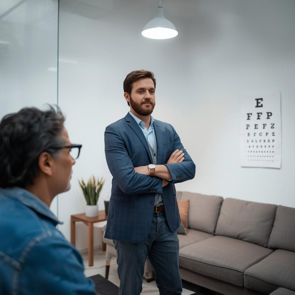 male professional standing with man reading letter chart