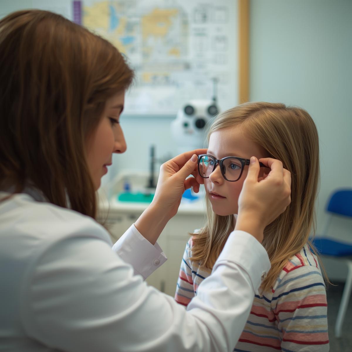 optometrist at school setting frame on the face of a child